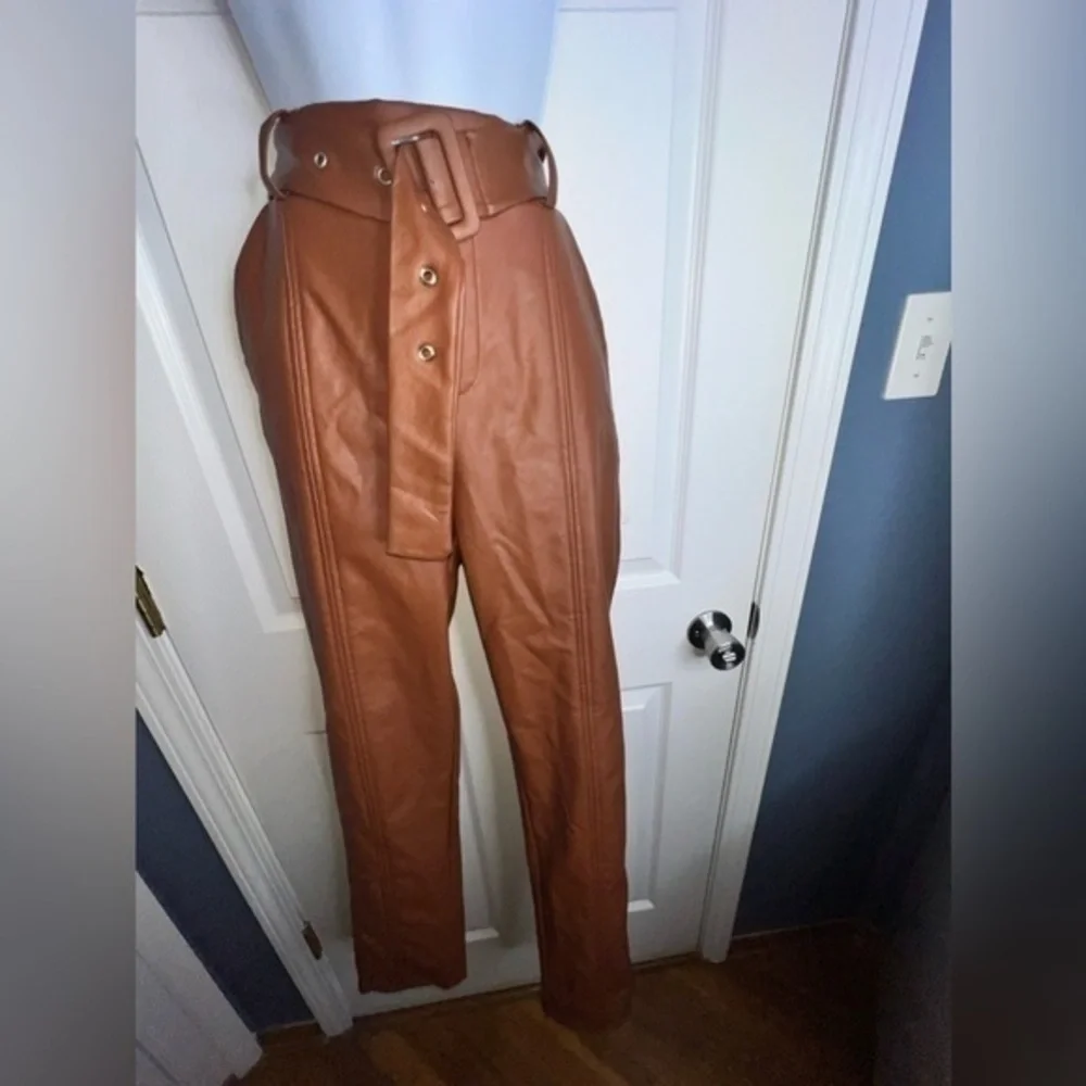 NWT BBJ Womens Large Chestnut Brown Vegan Leather Belt High Rise Trouser Pants L
